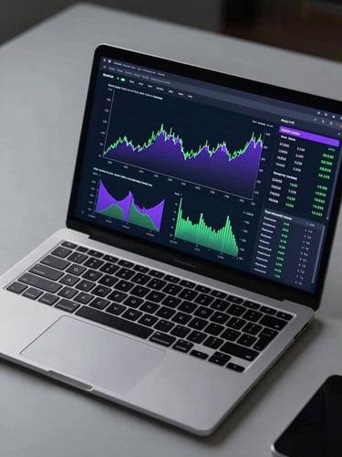 Close overhead crop of a laptop screen displaying a live analytics dashboard with traffic growth charts, dark UI, glowing purple and green metric lines, on a clean studio desk under cool office light
