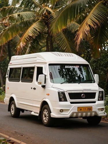 A clean, premium white passenger van parked along a quiet, tree-lined road in Kerala, dappled sunlight filtering through coconut leaves, warm editorial feel.