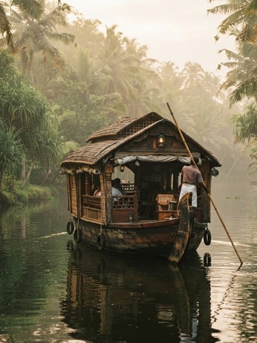 A close-up of a traditional wooden houseboat gliding silently through narrow, palm-fringed backwater channels in Kumarakom, soft morning mist, warm diffused golden light.