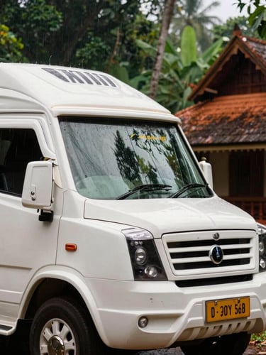 Close-up of a premium, polished luxury transport vehicle parked beside a traditional Kerala heritage resort, soft diffused monsoon light, rich green foliage.