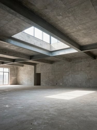 Wide architectural interior under construction, concrete ceiling with precisely positioned steel beam visible, natural daylight from clerestory window illuminating smooth floor plane, no workers present, empty and precise