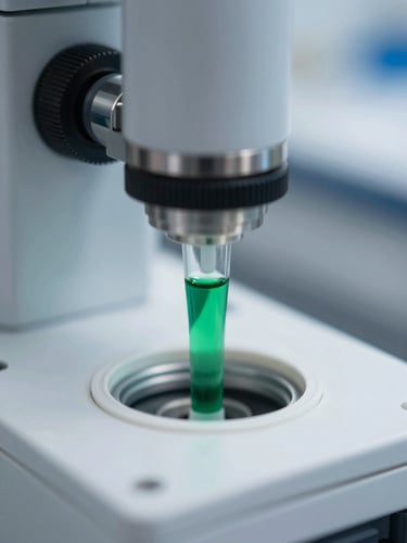 Macro close-up of high-precision scientific chromatography system, cool clinical white light, emerald-green liquid indicator