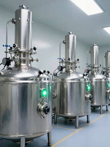 Architectural wide shot of a sterile biotech cleanroom, stainless steel bioreactors with glowing green status lights, precise cabling, cool clinical white lighting.