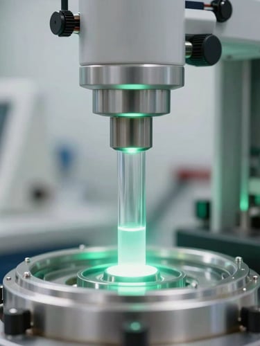 Macro close-up of a chemical reaction chamber, cool-toned crisp white lighting with subtle emerald-green ambient glow, high-precision scientific instruments