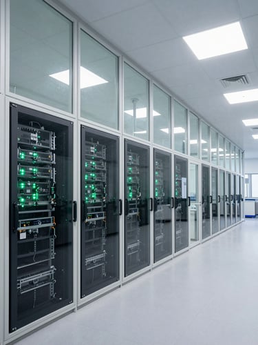 Wide architectural shot of a modern biotechnology research facility, server racks visible through glass partitions, cool clinical white lighting with subtle emerald-green accents.