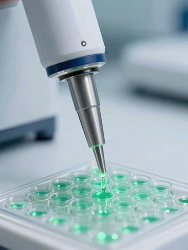 Macro close-up of an automated liquid handling pipette tip dispensing fluid into a microplate, cool clinical white light with subtle emerald-green glow.