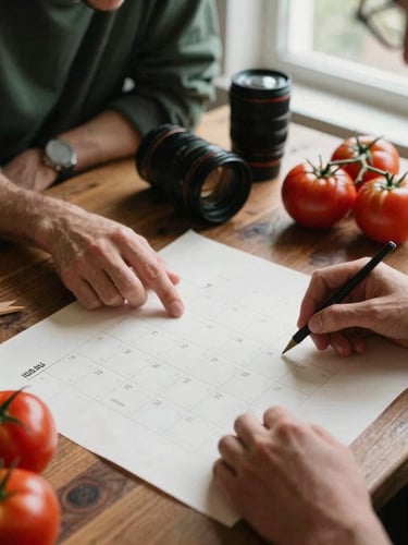 Overhead shot of a creative team planning a restaurant social calendar on parchment paper, camera lenses, fresh tomatoes, and rustic tablespace, soft side lighting, 35mm film style