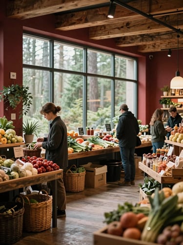 Cozy, Scandinavian-style food hall interior with soft north-facing window light, overhead wooden beams, and artisanal vendors displaying fresh goods, rich forest tones.