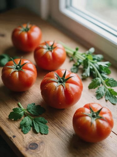 Overhead flat-lay of heirloom tomatoes and fresh herbs on a rustic wooden table, soft north-facing window light, rich crimson and forest tones, shallow depth of field, 35mm film.