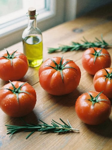 Overhead flat-lay of a rustic wooden tablescape with fresh heirloom tomatoes, olive oil, and rosemary, soft north-facing window light, rich crimson tones, 35mm film.