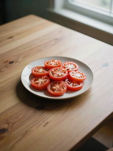 Overhead flat-lay of a minimalist Scandinavian-style wooden dining table, a single ceramic plate with high-contrast heirloom tomato salad, soft side light from a north-facing window, rich shadows, 35mm film style.