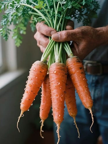 A close-up of a farmer's dirt-stained hands holding freshly harvested heirloom carrots with green tops, morning dew reflecting soft early light, rich forest tones, 35mm film.