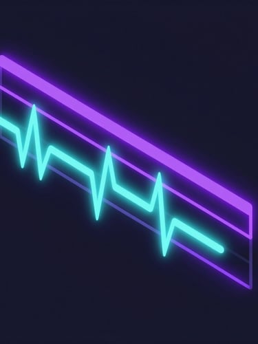 Isometric vector illustration of a digital video editing timeline with glowing cyan audio waves and neon violet cuts, dark slate background.