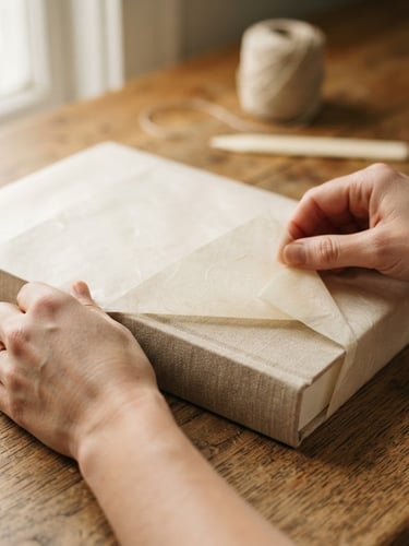 Close-up of a linen-bound book being wrapped in protective archival paper, soft natural window light, warm wood table, muted cream tones.