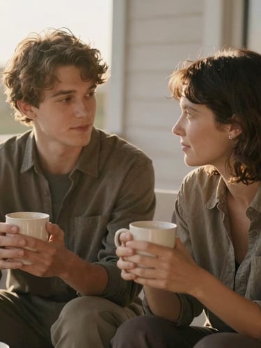 Intimate medium shot of a mother and her adult son sitting together on a patio, hands holding warm mugs, soft golden-hour light, shallow depth of field, muted earth tones.