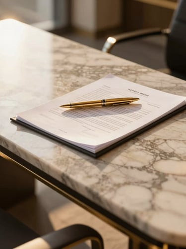 Close-up of a premium marble desk in a luxury Dubai office, a gold pen resting on official corporate documents, soft golden-hour light illuminating the scene, sharp focus, 35mm