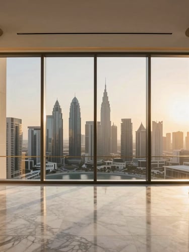 Minimalist luxury penthouse interior in Dubai, marble floors, brass accents, floor-to-ceiling windows showing distant skyscrapers, dramatic golden-hour lighting, sharp focus
