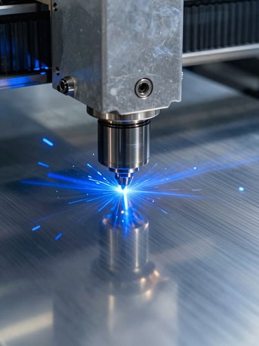 Macro close-up of a high-precision CNC laser cutting machine slicing through a pristine stainless steel sheet, intense cool blue sparks flying, high-contrast metallic reflections, sharp technical details, industrial studio lighting.