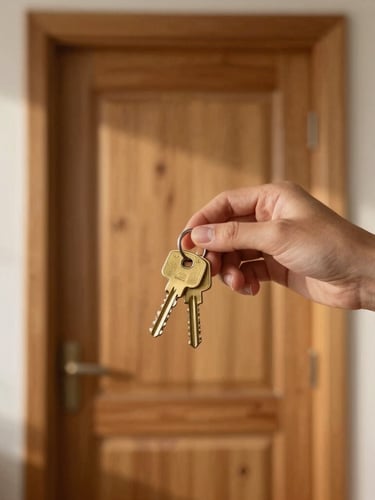 Warm morning light illuminating a clean, welcoming wooden doorway, hands holding a set of brass keys in the foreground, eye-level personal shot, shallow depth of field.