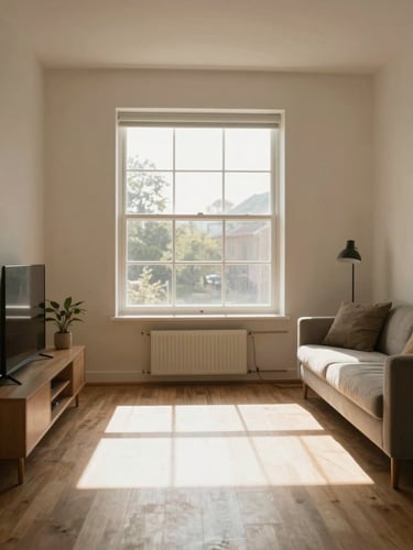Sunlit welcoming physical space, a clean modern room with warm morning light streaming through a window, eye-level shot, inviting atmosphere.