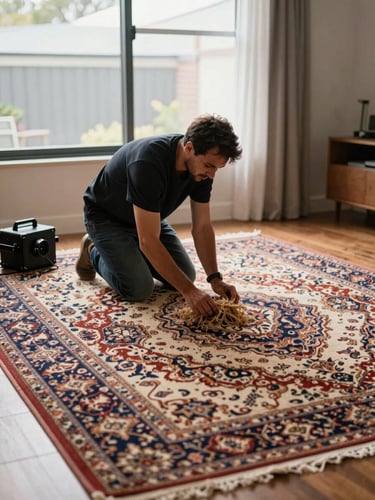 Medium environmental shot of a restorer kneeling beside a large Persian rug in a Sydney home interior, portable equipment visible to the side, soft north-facing window light illuminating the rug surface, restorer examining the pile at close range