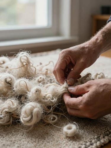 Close-up of a restorer's hands carefully inspecting dense wool rug pile under soft north-facing window light, fingertips parting fibers to reveal color depth, neutral home interior background