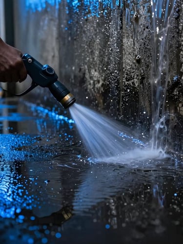 Low-angle close-up of a high-pressure water nozzle blasting heavy grease off dark concrete in a car wash bay, dramatic wet reflections, electric blue highlights.