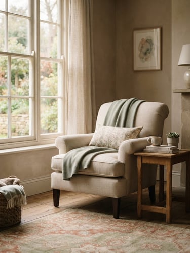 Soft diffused morning light falling on an elegant empty linen armchair near a window, warm clay and sage tones, quiet elegant interior, shallow depth of field.