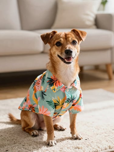 A happy small brown dog wearing a colorful tropical Hawaiian shirt, sitting comfortably on a sunny living room rug, warm natural daylight, shallow depth of field, 35mm lens