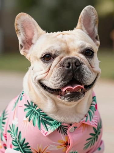 Close-up of a happy French Bulldog wearing a colorful pink and green tropical Hawaiian shirt, warm natural daylight, soft focus background