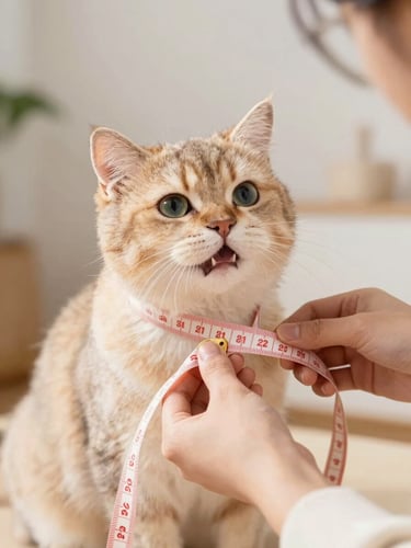 Warm editorial pet photography, a happy fluffy cat being gently measured with a soft tape measure by a designer, warm natural daylight, pastel tones, shallow depth of field