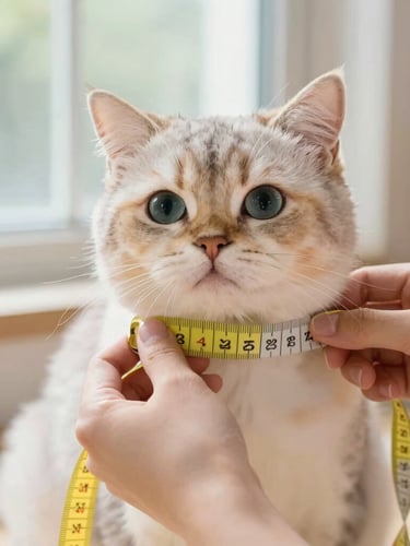 Warm editorial pet photography, close-up of gentle hands holding a pastel yellow measuring tape around a fluffy cat's chest, soft natural window light, shallow depth of field