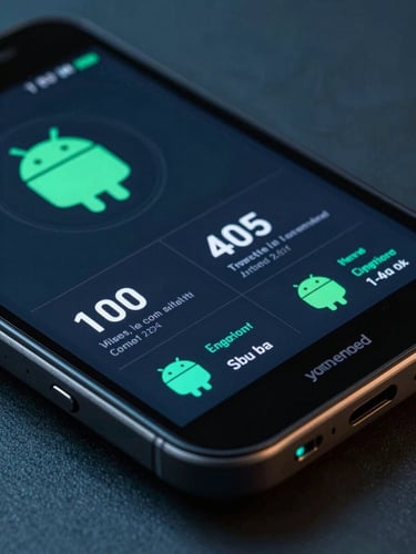 Macro shot of a rugged Android device displaying a dark-mode logistics dashboard, neon cyan data visualizations, cool-toned studio lighting