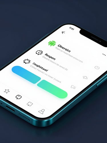 Macro shot of a high-fidelity Android UI mockup on a modern bezel-less device screen, cool-toned studio lighting, neon-cyan glowing accents, deep slate background.