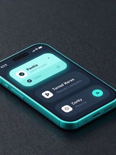Isometric high-fidelity Android UI mockup on a dark slate background, cool-toned studio lighting with neon cyan glow, macro lens focus on interface details