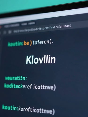Macro shot of a high-resolution screen displaying clean Kotlin code, cool-toned studio lighting, deep slate and neon cyan accents.