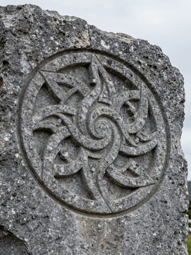 Close-up of a Celtic triskelion carved deep into weathered grey stone, soft diffused overcast daylight raking across the surface to reveal the texture, no hands, no figure, the symbol filling most of the frame with rough stone edges visible at the periphery