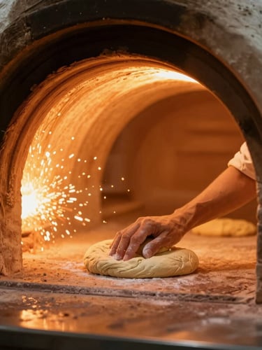 A master baker slapping raw dough onto the inner clay wall of a glowing, hot tandoor oven, sparks and warm amber light, close-up, 35mm