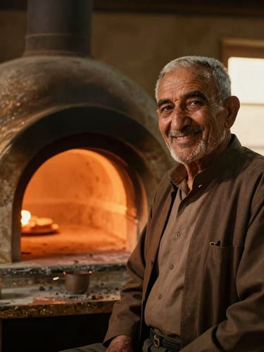 Warm environmental portrait of an elder Afghan baker smiling warmly beside a glowing tandoor oven, soft golden-hour window light, rich espresso tones, 35mm