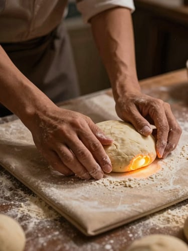 Close-up of baker hands placing raw dough onto a traditional cushion pad before pressing it into a glowing clay tandoor, warm dramatic lighting, flour dust catching the golden light