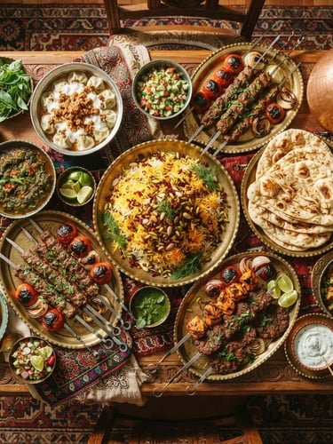 Overhead flat-lay of a luxurious Afghan catering spread with saffron rice, charcoal-grilled kebabs, and fresh flatbreads on brass platters, warm side-lighting.
