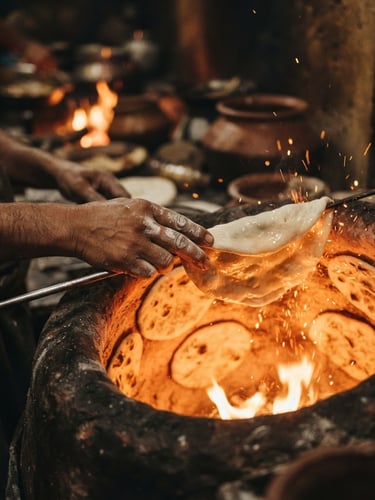 Warm editorial food photography, a baker's hands sliding raw dough onto the inner wall of a glowing clay tandoor, sparks and amber light, shallow depth of field, 35mm
