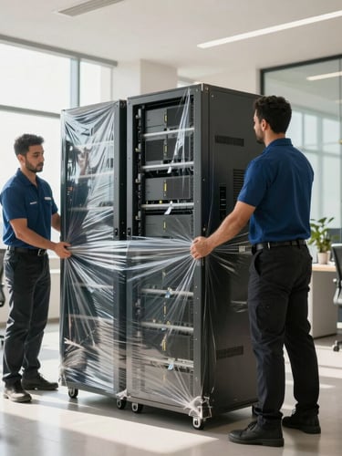 Wide shot of professional movers in matching uniforms carefully wrapping server racks in heavy-duty protective film inside an Abu Dhabi corporate office, bright natural daylight.