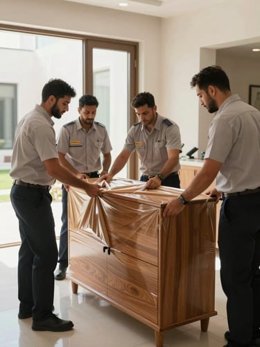 Medium shot of Al Sarita moving team in uniform carefully wrapping a wooden cabinet with heavy-duty protective film inside a bright Abu Dhabi villa.