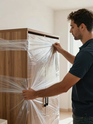 Medium shot of a professional mover wrapping a wooden cabinet in thick protective film and heavy-duty bubble wrap inside a bright Abu Dhabi room.