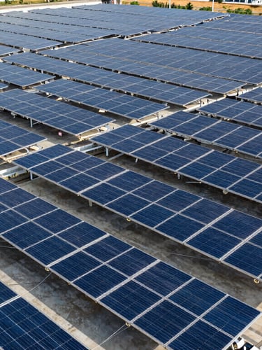 Wide architectural shot of a massive, perfectly aligned coplanar solar rooftop array on a Chakan factory under bright midday sun.