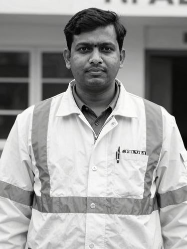 Crisp black and white architectural portrait of an electrical design engineer in a high-vis vest, technical background with wiring schematics visible