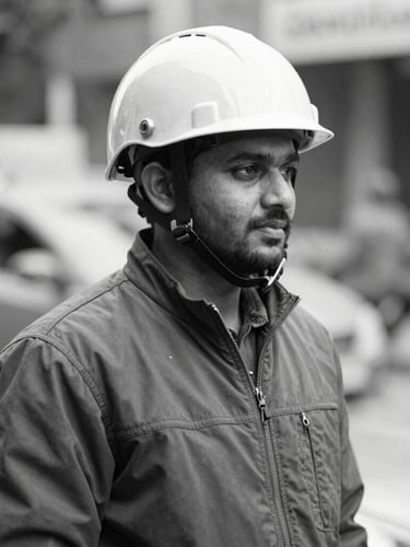 Crisp black and white architectural portrait of a senior solar structural engineer wearing a high-vis vest and hard hat, looking confident, clean background
