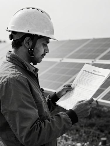 Crisp black and white architectural portrait of a solar operations manager holding a digital diagnostic tablet, clean industrial background
