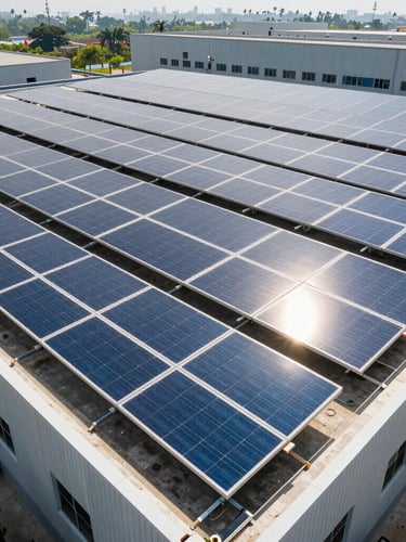 Crisp wide angle shot of a massive coplanar rooftop solar array on a Pune factory, bright midday sun reflecting off the panels, clean lines